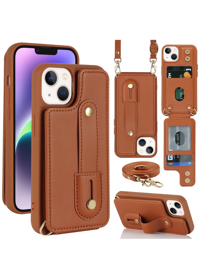 جراب هاتف، غطاء لجهاز iPhone 15، جراب محفظة كروس بودي مع حامل فتحة للبطاقات، غطاء واقٍ للكتف بحزام معصم - Image 1