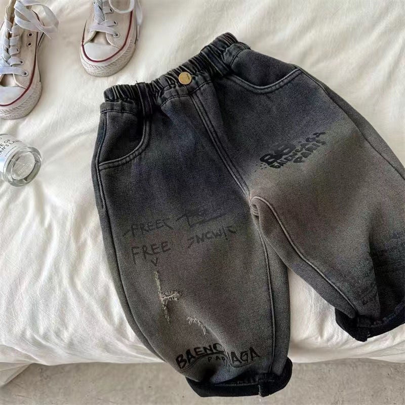 Children'S Winter New Thickened Letter Gradient Fleece Denim Pants For Boys And Girls, Trendy Outerwear - Image 1