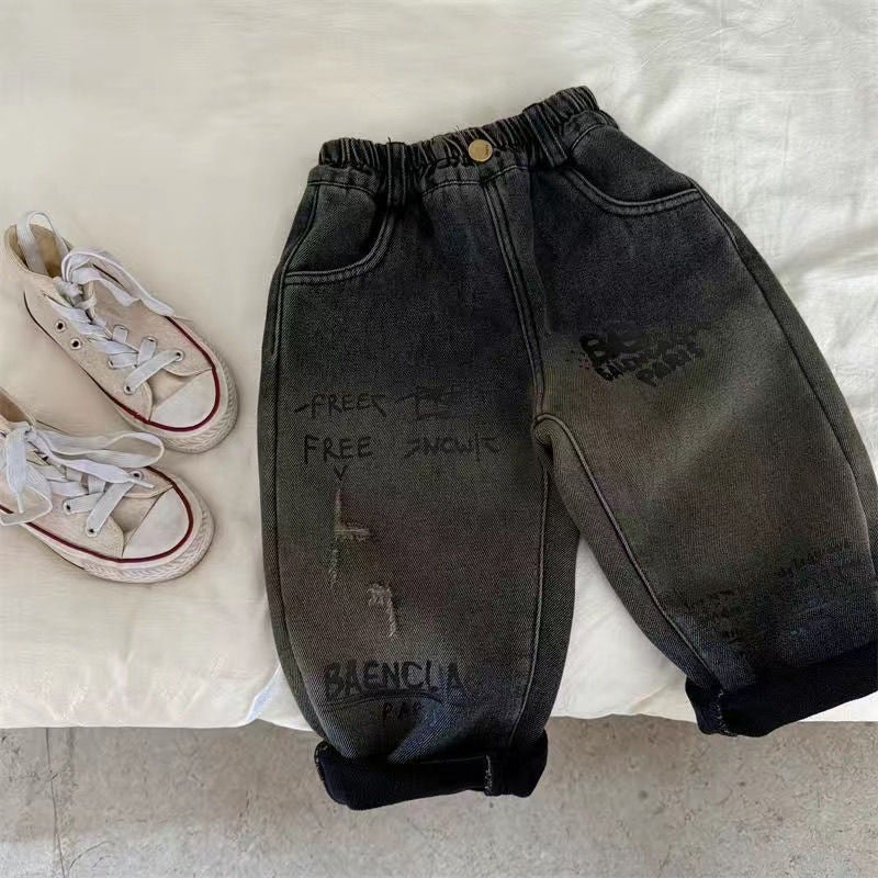 Children'S Winter New Thickened Letter Gradient Fleece Denim Pants For Boys And Girls, Trendy Outerwear - Image 5