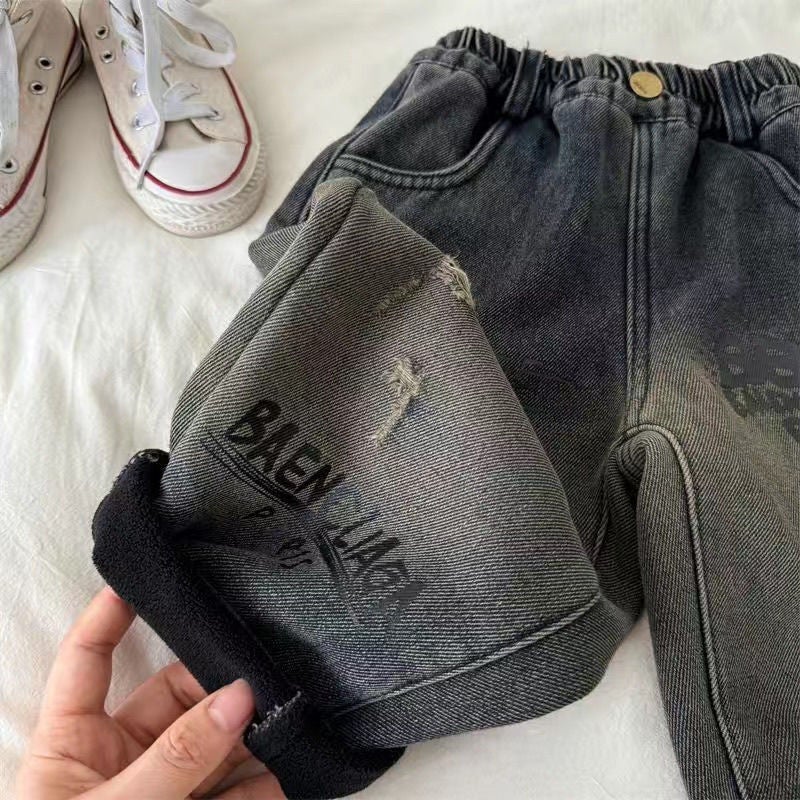 Children'S Winter New Thickened Letter Gradient Fleece Denim Pants For Boys And Girls, Trendy Outerwear - Image 3