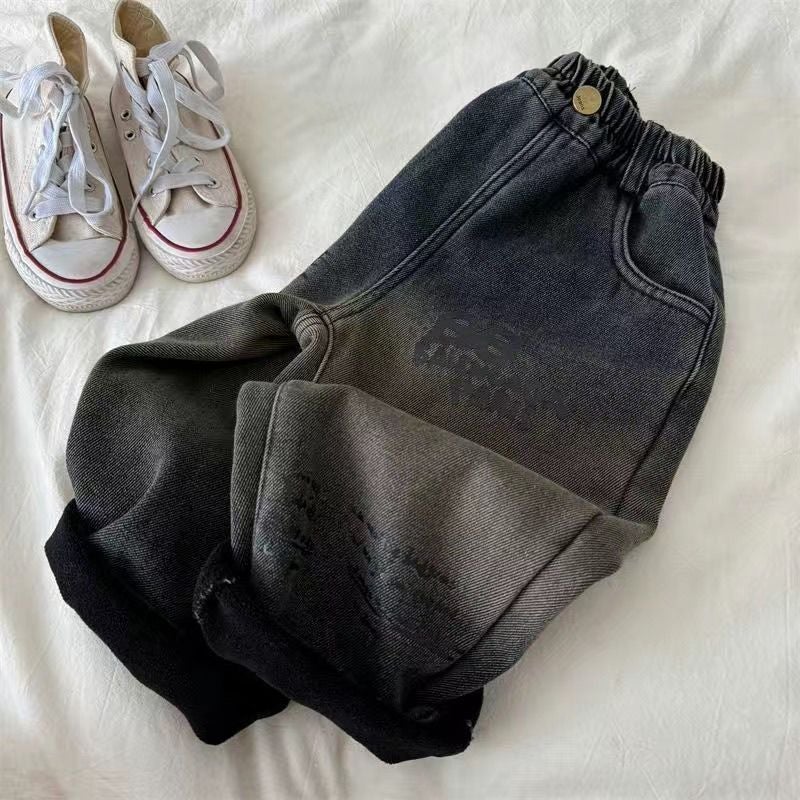 Children'S Winter New Thickened Letter Gradient Fleece Denim Pants For Boys And Girls, Trendy Outerwear - Image 4