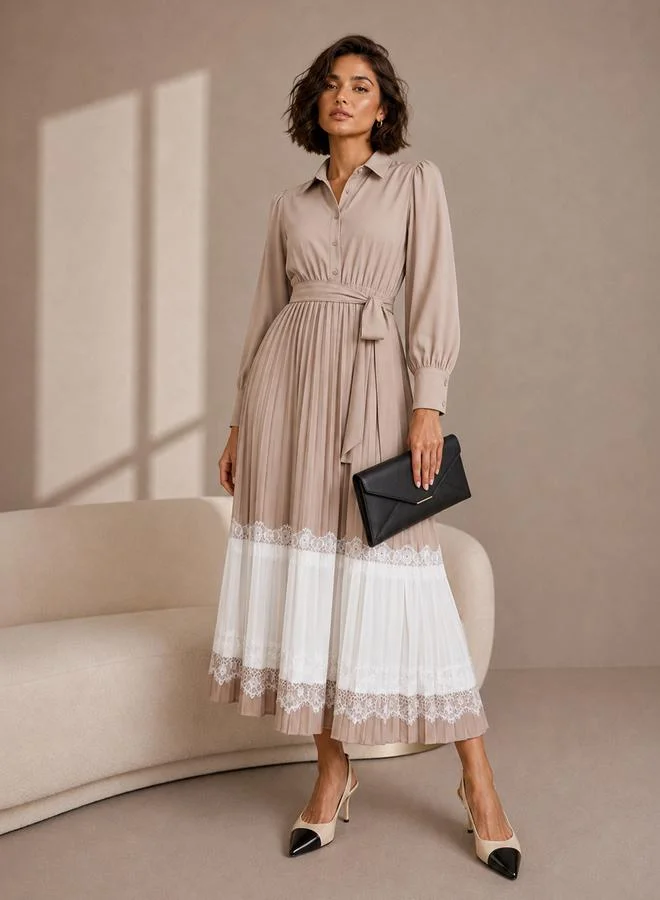 Beige Pleated Lace Details Fit and Flare Shirt Midi Dress