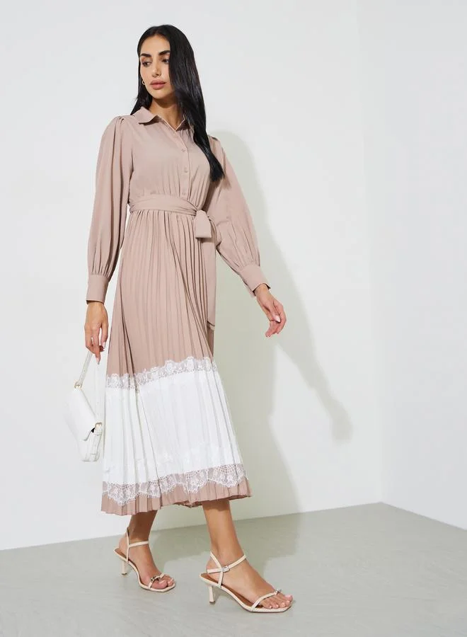 Styli  Beige Pleated Lace Details Fit and Flare Shirt Midi Dress for Women | Best Price UAE