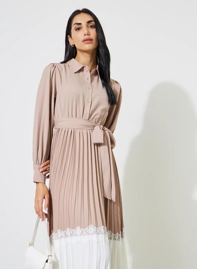 Styli  Beige Pleated Lace Details Fit and Flare Shirt Midi Dress for Women | Best Price UAE