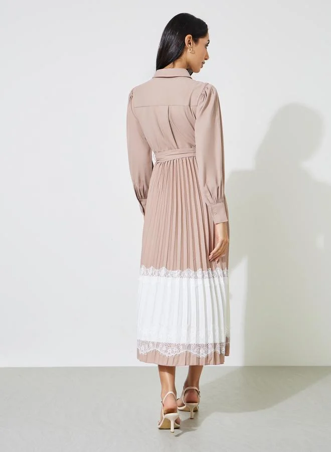 Styli  Beige Pleated Lace Details Fit and Flare Shirt Midi Dress for Women | Best Price UAE