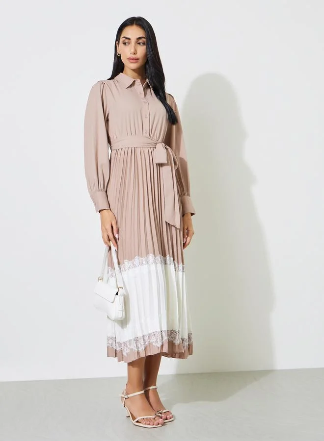 Styli  Beige Pleated Lace Details Fit and Flare Shirt Midi Dress for Women | Best Price UAE