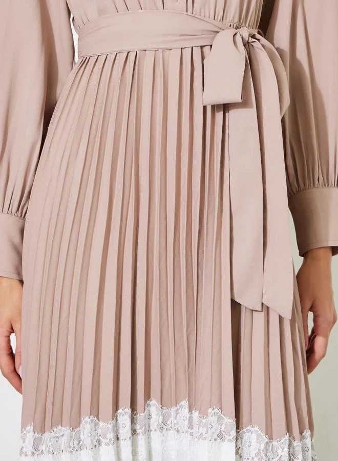 Styli  Beige Pleated Lace Details Fit and Flare Shirt Midi Dress for Women | Best Price UAE