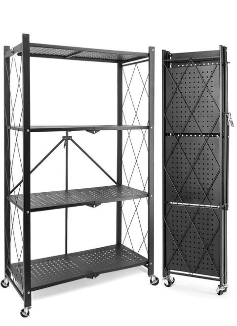 4-Tier Collapsible Storage Rack With Wheels Large Capacity Shelving Unit Freestanding Metal Wire Shelves No Assembly Organizer Required Durable Scratch Resistant Black