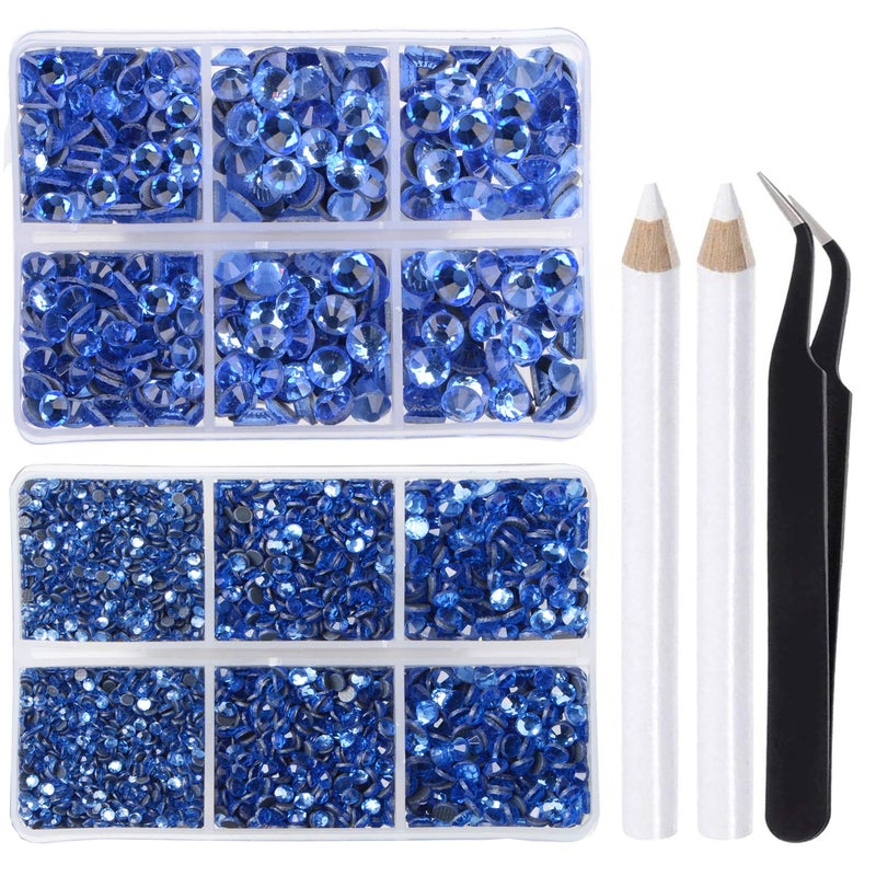 LPBeads 6400 Pieces Hotfix Rhinestones Lt Sapphire Flat Back 5 Mixed Sizes Crystal Round Glass Gems with Tweezers and Picking Rhinestones Pen
