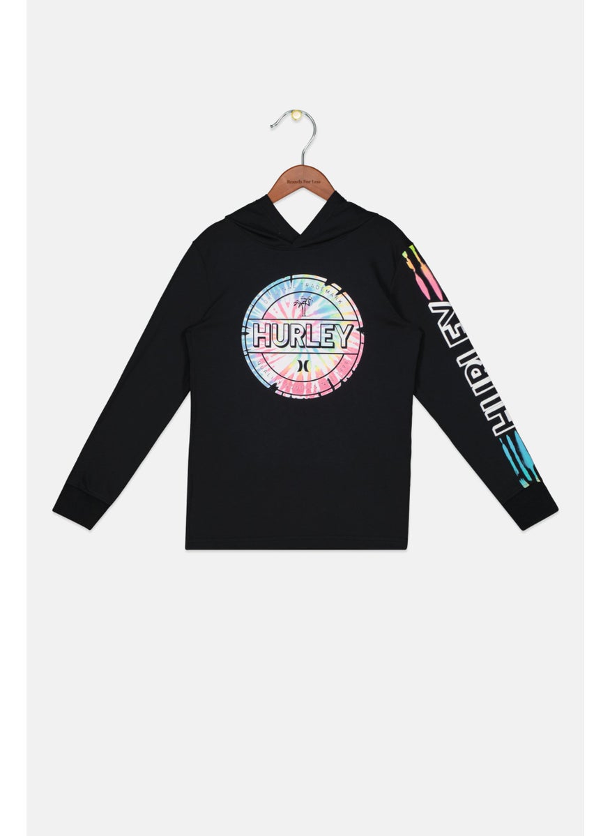 Hurley - Kids Boy Hooded Brand Logo Long Sleeve T-Shirt, Black Combo - Image 1