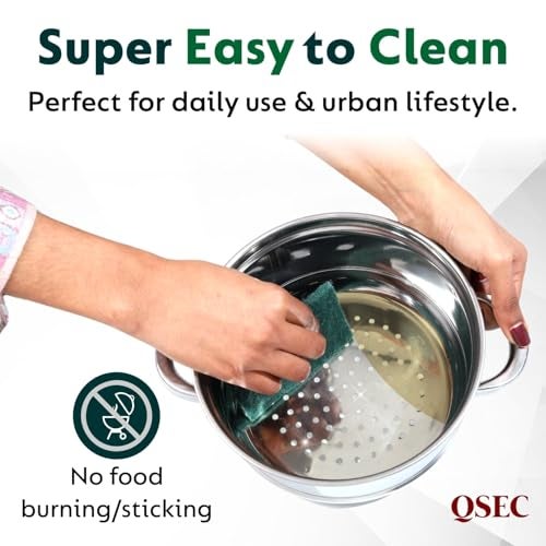 QSEC Triply bottom Stainless 2-Tier Steamer | 20 cm - 5.6 L Glass-Lid | Induction & Gas | Double compartment Momo, Modak, Dhokla, Idiyappam, Veggie Maker | Non-Toxic, Coating-Free | Healthy and hygienic cooking - Image 5