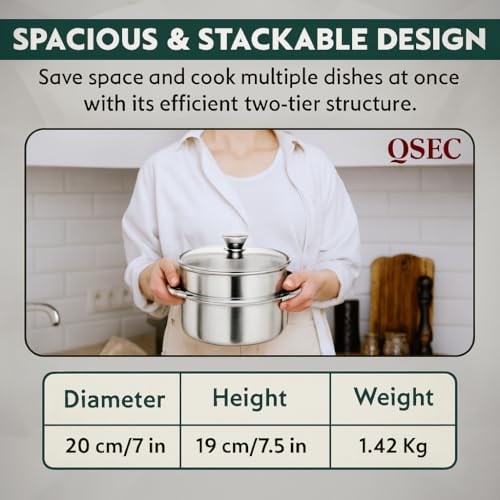 QSEC Triply bottom Stainless 2-Tier Steamer | 20 cm - 5.6 L Glass-Lid | Induction & Gas | Double compartment Momo, Modak, Dhokla, Idiyappam, Veggie Maker | Non-Toxic, Coating-Free | Healthy and hygienic cooking - Image 4