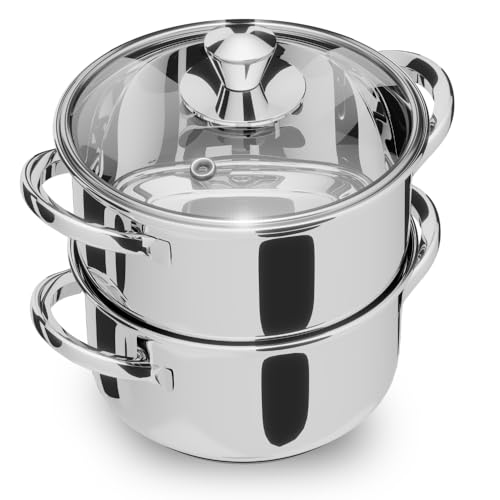 QSEC Triply bottom Stainless 2-Tier Steamer | 20 cm - 5.6 L Glass-Lid | Induction & Gas | Double compartment Momo, Modak, Dhokla, Idiyappam, Veggie Maker | Non-Toxic, Coating-Free | Healthy and hygienic cooking - Image 1