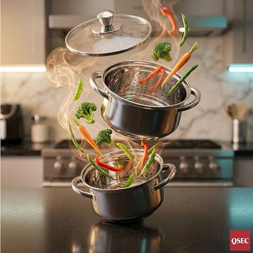 QSEC Triply bottom Stainless 2-Tier Steamer | 20 cm - 5.6 L Glass-Lid | Induction & Gas | Double compartment Momo, Modak, Dhokla, Idiyappam, Veggie Maker | Non-Toxic, Coating-Free | Healthy and hygienic cooking - Image 2
