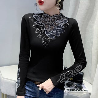 Real shot 2022 winter velvet warm bottoming shirt lace stitching hot drilling slim slim sanding top womens fashion Black - pzsku/ZAFA624509B3ED10543D4Z/45/1746230943/a655077d-0a47-4cd4-a59a-3711bf068c57