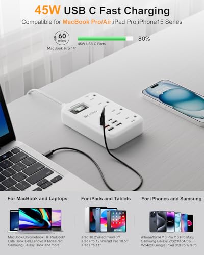 Beeiker 45W USB C Surge Protector Power Strip, Travel Power Strip with 6 USB(2 USB C) Ports and 4 Outlets,5Ft Flat Plug Braided Extension Cord, PD 45W Fast Charging for MacBook Laptops iPad Pro iPhone Samsung - Image 2