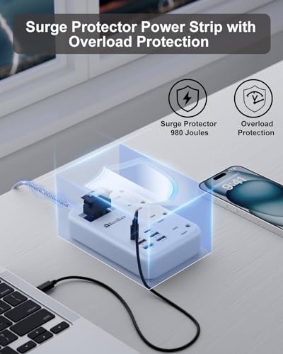 Beeiker 45W USB C Surge Protector Power Strip, Travel Power Strip with 6 USB(2 USB C) Ports and 4 Outlets,5Ft Flat Plug Braided Extension Cord, PD 45W Fast Charging for MacBook Laptops iPad Pro iPhone Samsung - Image 5