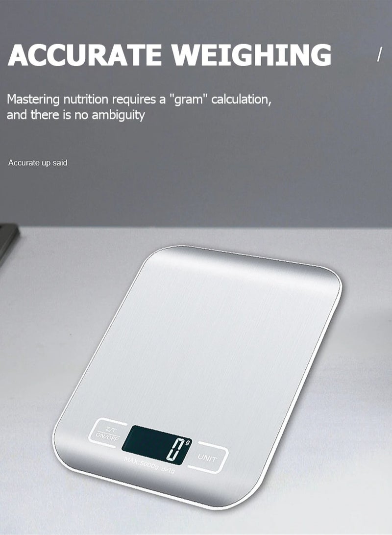 AROAQ Food Scale, Durable and Compact Kitchen Scale, LCD Display Stainless Steel Electronic Scale, Digital Multifunctional Weighing Scale For Food Diet Postal Balance, (5kg Silver, Battery Version) - Image 2