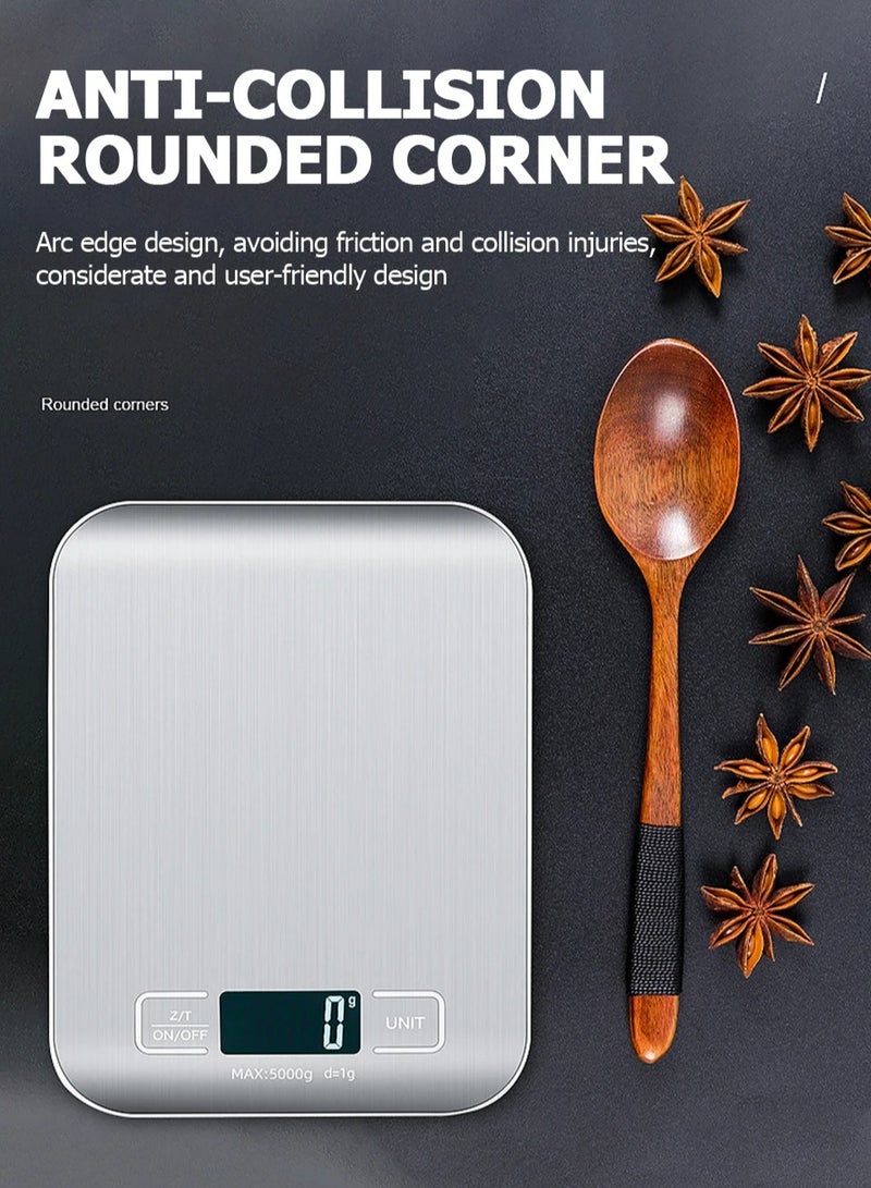 AROAQ Food Scale, Durable and Compact Kitchen Scale, LCD Display Stainless Steel Electronic Scale, Digital Multifunctional Weighing Scale For Food Diet Postal Balance, (5kg Silver, Battery Version) - Image 3