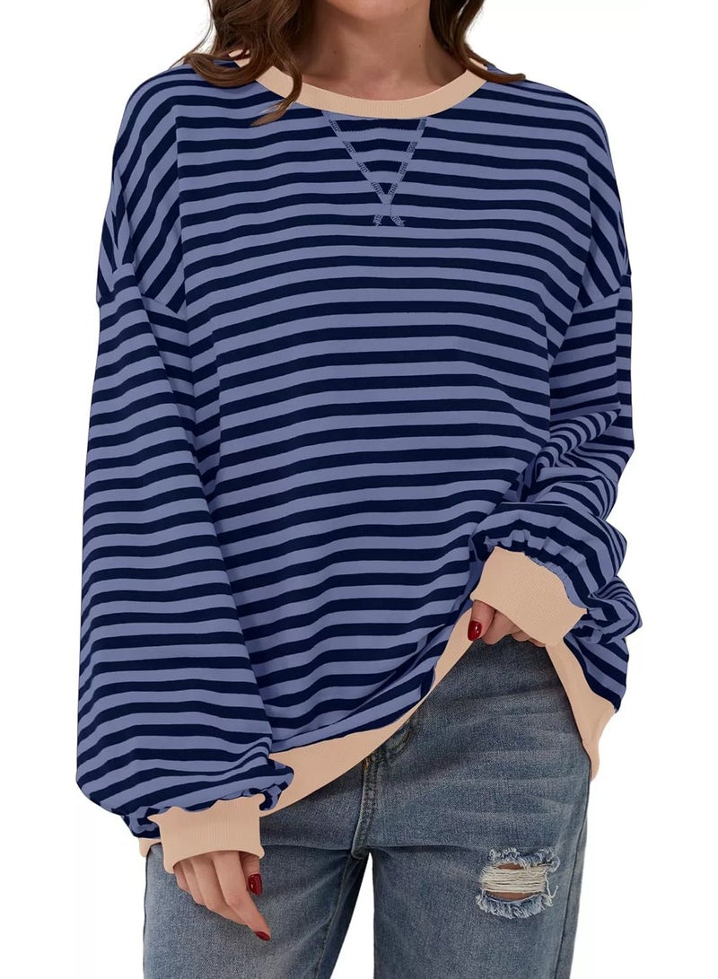 general Womens Striped Oversized Sweatshirt Crewneck Long Sleeve Shirts Pullover Tops Trendy Loose Y2K Shirt - Image 1