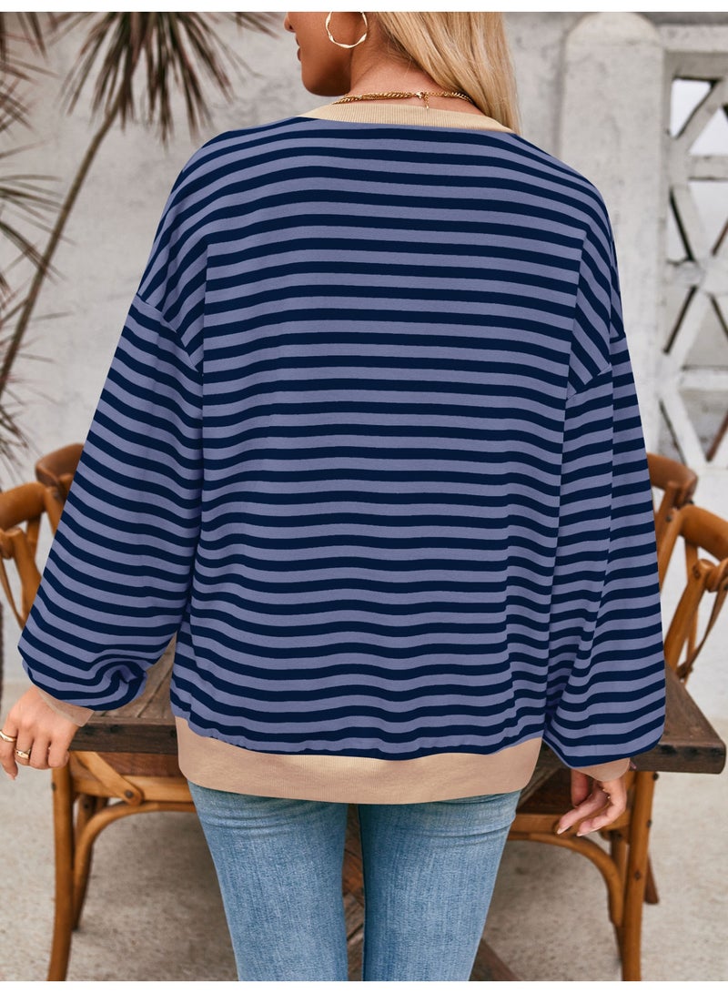 general Womens Striped Oversized Sweatshirt Crewneck Long Sleeve Shirts Pullover Tops Trendy Loose Y2K Shirt - Image 2
