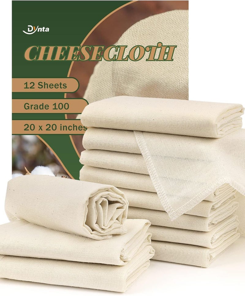 Dynta Cheesecloth for Straining Grade 100, 12 Pieces Reusable Hemmed Cheesecloth 20 x 20 Inches, 100% Unbleached Cotton Cheese Cloths for Straining, Filtering, Canning, Covering, Polishing and Decoration… - Image 1