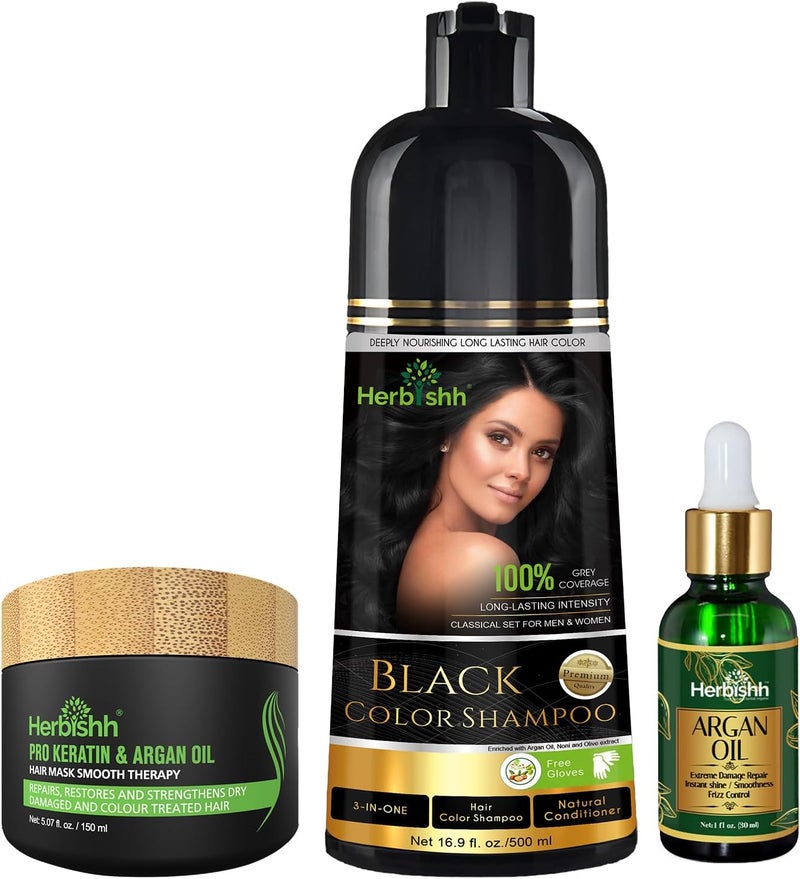 Herbishh After Color Shampoo Combo - Hair Color Shampoo 500 ml, Argan Oil 30 ml & Pro Keratin Hair Mask 150 ml for Men and Women (Black)