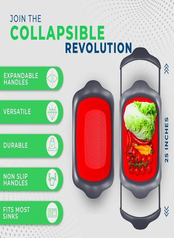 كومفيفي مصفاة مطبخ كبيرة جدًا من كومفيفي - مصفاة سيليكون قابلة للطي تُعلق فوق الحوض بمقابض قابلة للتمديد - تُستخدم مع المعكرونة والفواكه والتوت والخضراوات - سعة 6 كوارت - لون أحمر - Image 2