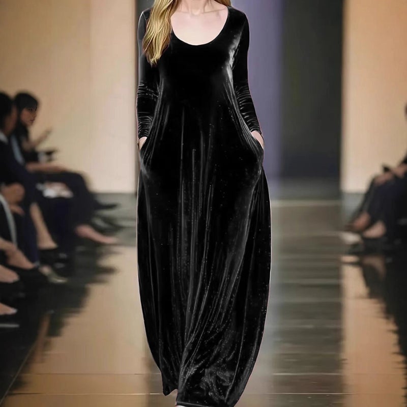 2025 French Style Velvet Dress, Round Neck, Long Sleeve, A-Line - Image 3