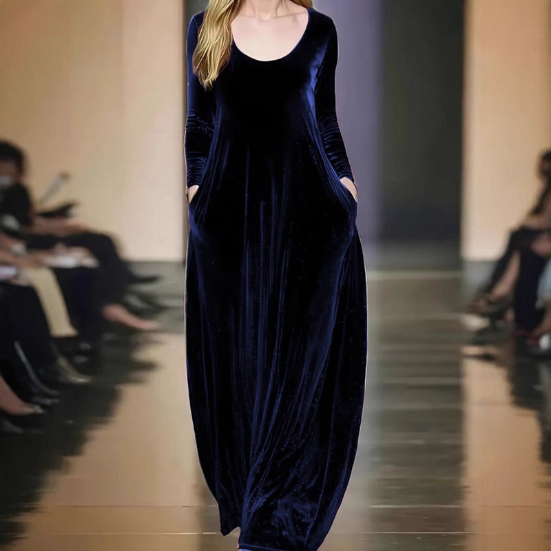 2025 French Style Velvet Dress, Round Neck, Long Sleeve, A-Line - Image 2