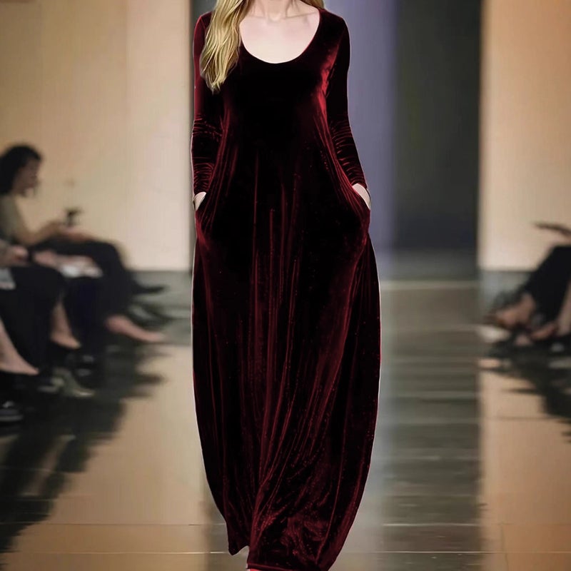 2025 French Style Velvet Dress, Round Neck, Long Sleeve, A-Line - Image 4