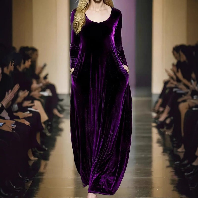 2025 French Style Velvet Dress, Round Neck, Long Sleeve, A-Line - Image 1