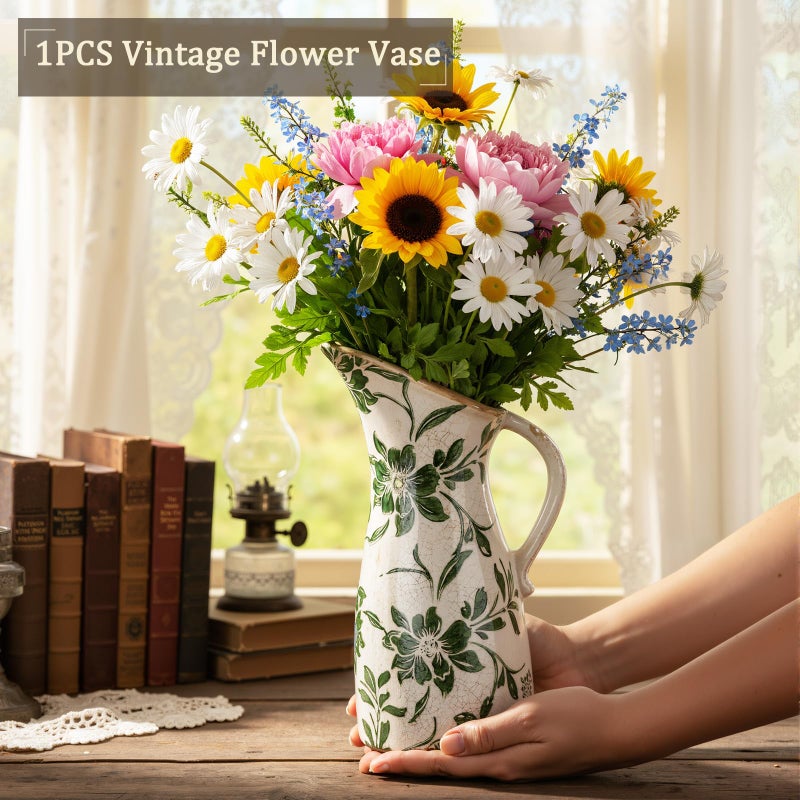 Sawysine 10.2 Inch Vintage Ceramic Vase with Handle Retro Ice Cracked Glaze Porcelain Vase Rustic Farmhouse Centerpiece Table Decorations for Home Decor Table Centerpiece(Simplicity) - Image 4