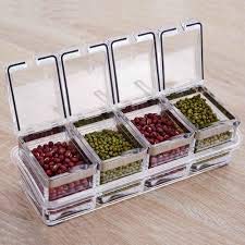 APURK Crystal Seasoning Box 4 Grid Crystal Spice Box Masala Box Seasoning Box Multipurpose Box with Spoons Transparent Set Of 1 - Image 2