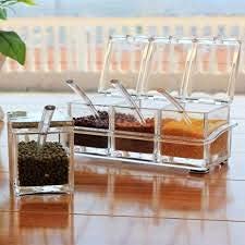 APURK Crystal Seasoning Box 4 Grid Crystal Spice Box Masala Box Seasoning Box Multipurpose Box with Spoons Transparent Set Of 1 - Image 3