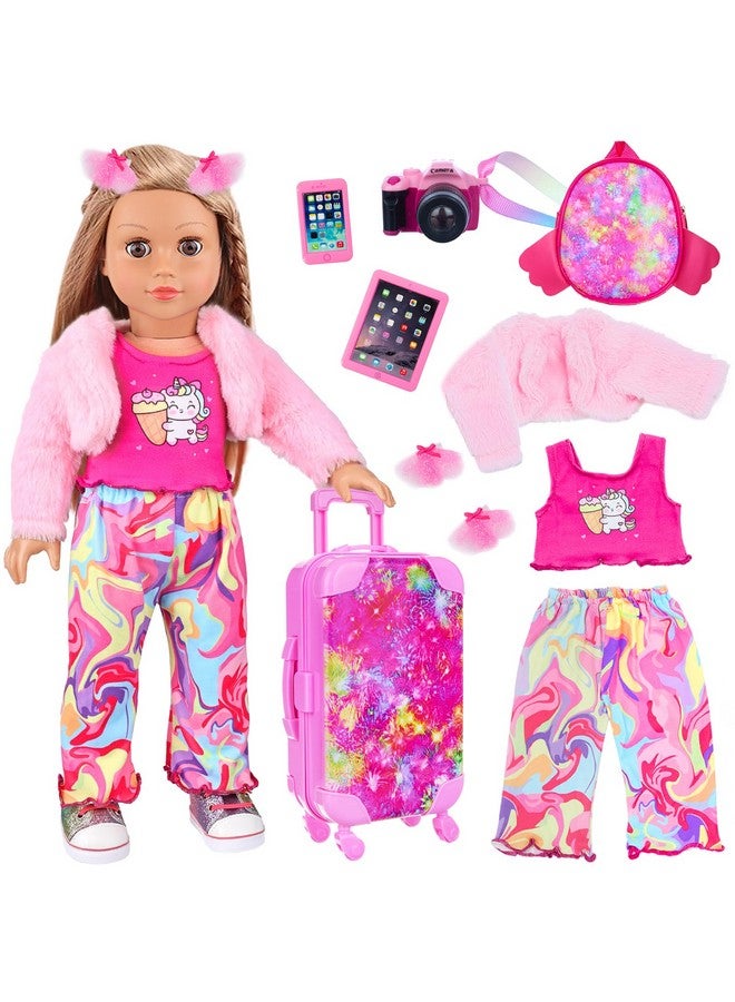 Ecore Fun American 18 Inch Doll Clothes And Accessories Doll Suitcase Set, 10 Pcs Doll Travel Play Set With Doll Backpack Clothes Hair Clips Camera Computer Phone Fit 18 Inch Dolls Girl Gifts - Image 1