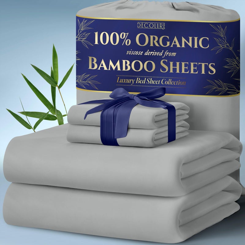 DECOLURE 100 Organic Viscose Derived from Bamboo Sheets King Size 4pcs  Ultra Soft  Luxuriously Cooling 17 Deep Pocket Double Stitching Perfect for Hot Sleepers  King Bed Sheets Light Grey