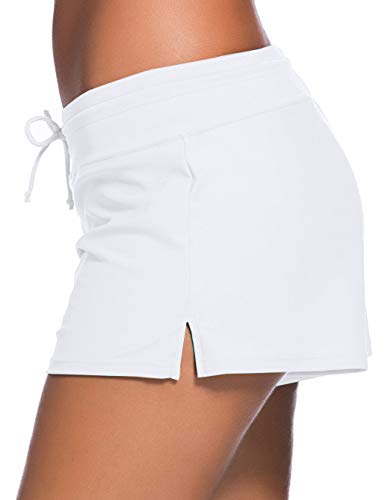 ChinFun Board Shorts Women's Swimswear Tankini Swim Briefs Side Split Swimsuit Bottom Waistband Stretch Boardshorts Beach Trunks Inner Lining White Size S - Image 2