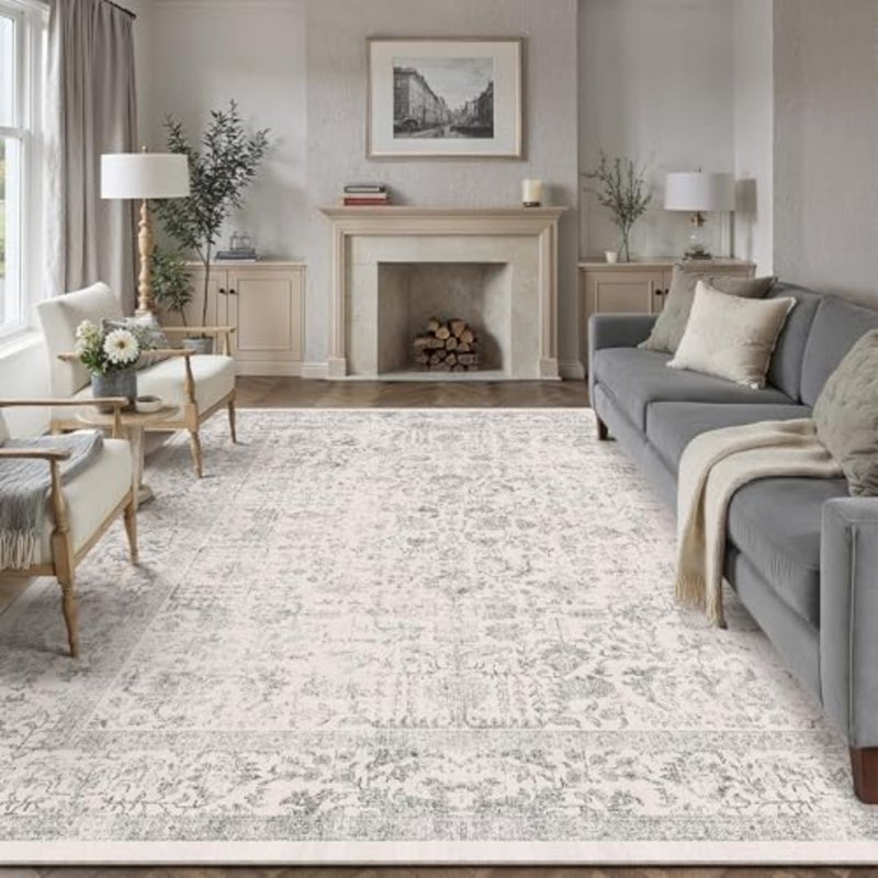 Vintage Carpet Living Room Rug 200x300cm Grey Washable Non Slip Large Carpets Bedroom Kitchen Hall Lounge Office Dining Playroom Indoor Low Pile Decoration Rugs - Image 1