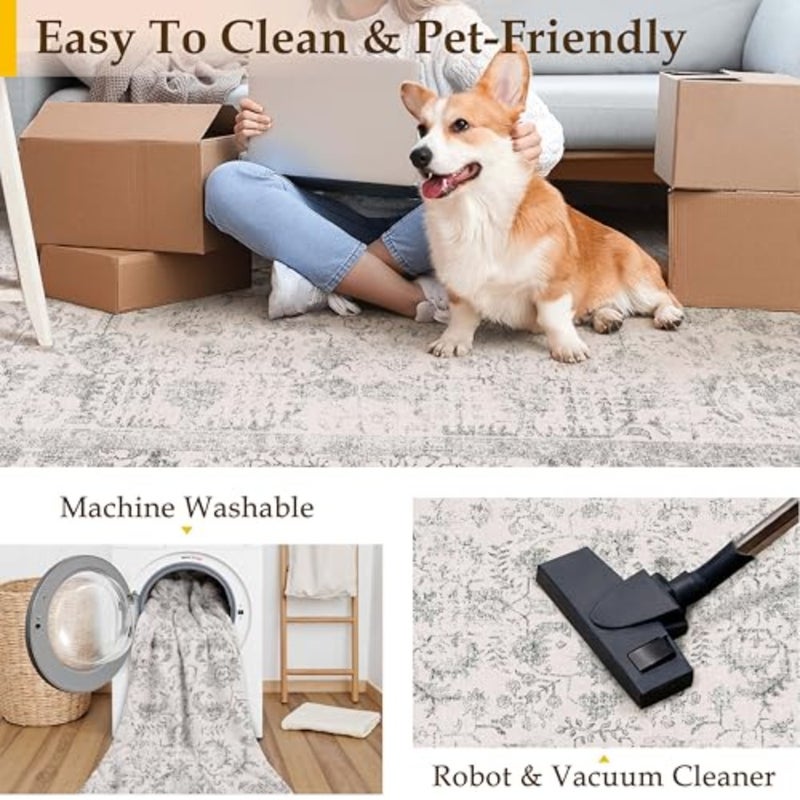 Vintage Carpet Living Room Rug 200x300cm Grey Washable Non Slip Large Carpets Bedroom Kitchen Hall Lounge Office Dining Playroom Indoor Low Pile Decoration Rugs - Image 5