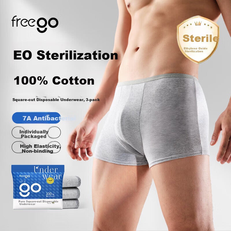 Freego Disposable Men's Boxer Briefs, 3-Pack, Pure Cotton, Travel-Friendly, Sterilized, Portable, Comfortable, Large Size, Men's Gray 3XL - Image 1