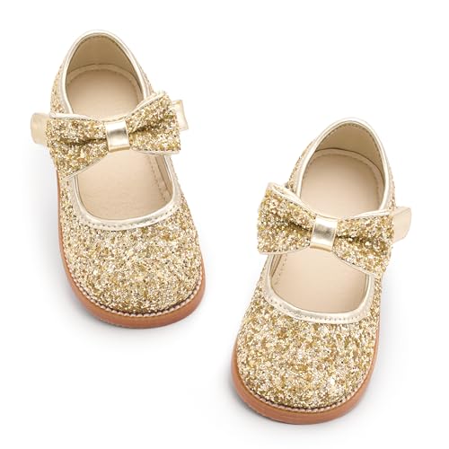 PHIRAMIN Toddler Girl Glitter Gold Oxford Dress Shoes Size 7 Little Girl School Uniform Shoes for Wedding Party - Image 1
