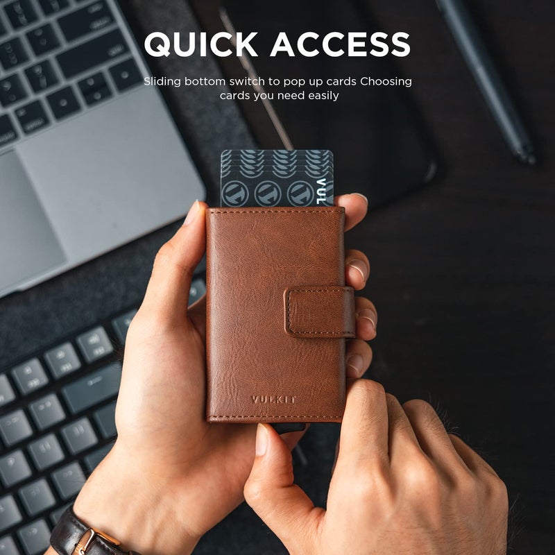 VULKIT محفظة فالكيت القابلة للطي، حامل بطاقات ائتمان جلدية أوتوماتيكية، محفظة جيب قابلة للطي مع خاصية حجب RFID وفتحة للنقود للنساء والرجال - Image 2