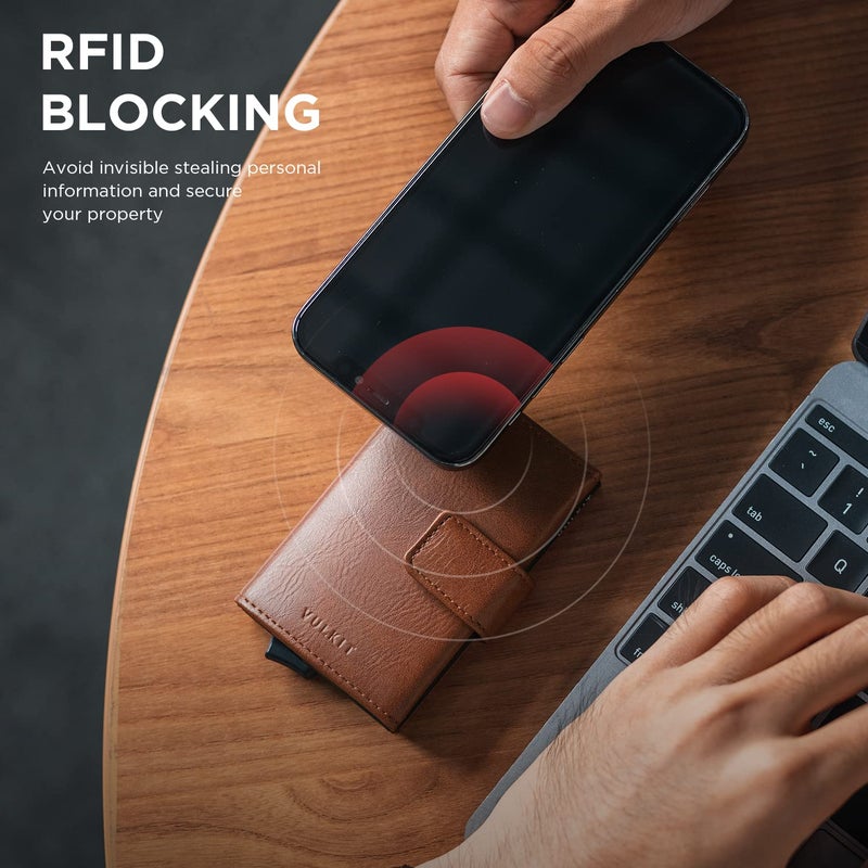 VULKIT محفظة فالكيت القابلة للطي، حامل بطاقات ائتمان جلدية أوتوماتيكية، محفظة جيب قابلة للطي مع خاصية حجب RFID وفتحة للنقود للنساء والرجال - Image 5
