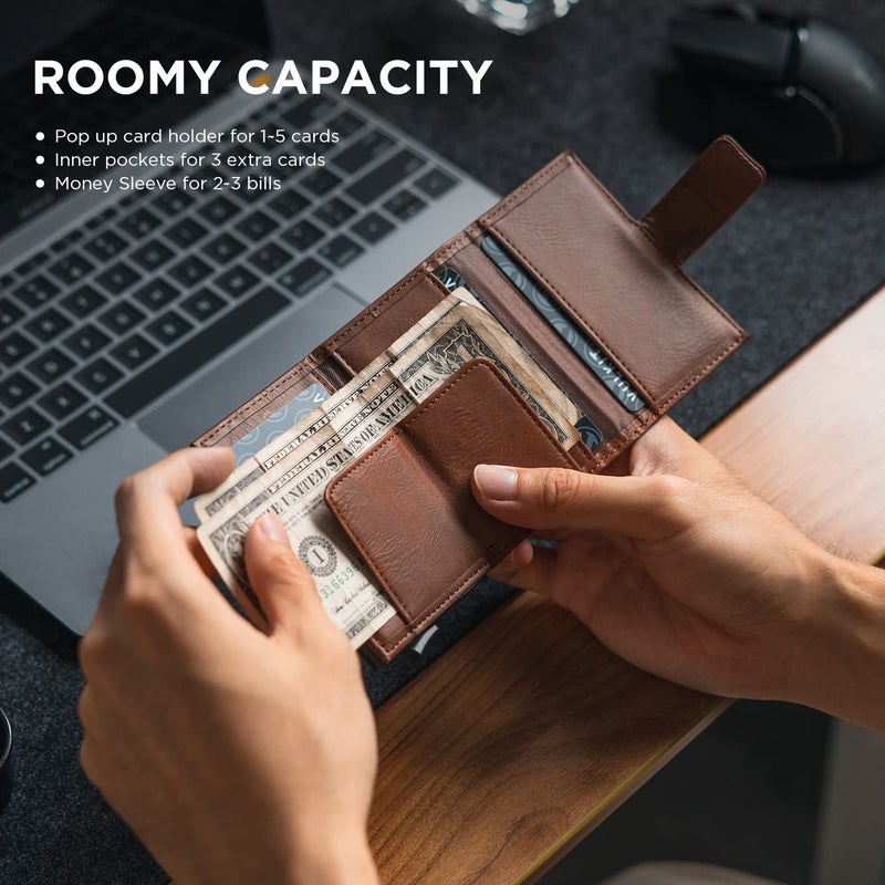 VULKIT محفظة فالكيت القابلة للطي، حامل بطاقات ائتمان جلدية أوتوماتيكية، محفظة جيب قابلة للطي مع خاصية حجب RFID وفتحة للنقود للنساء والرجال - Image 3