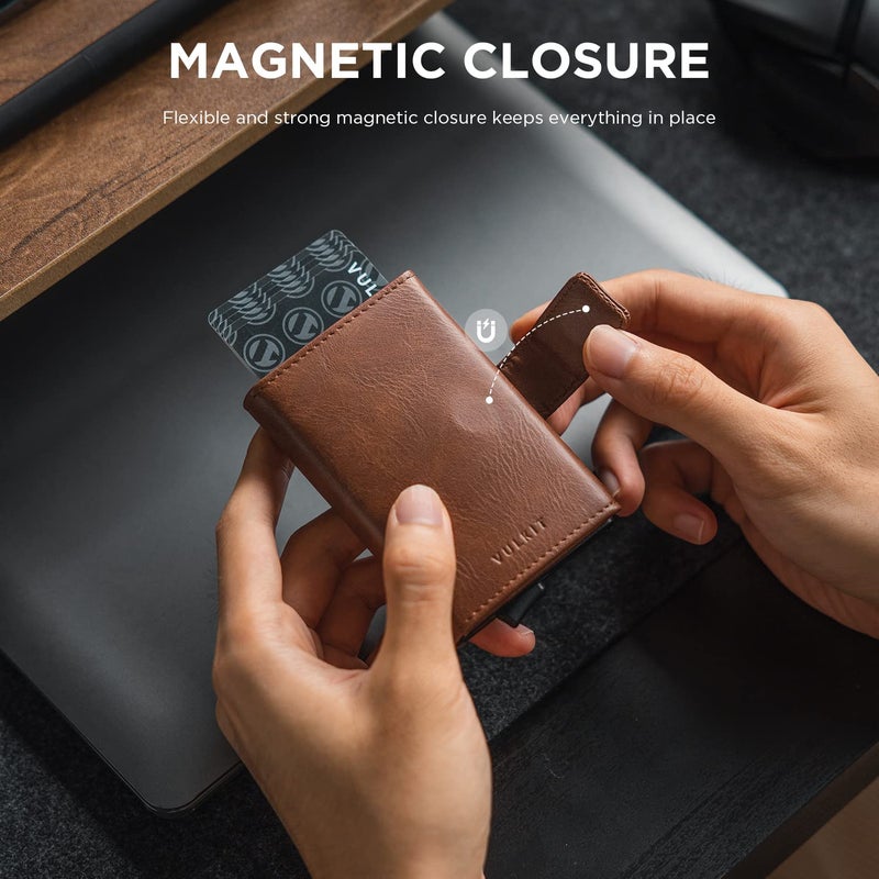 VULKIT محفظة فالكيت القابلة للطي، حامل بطاقات ائتمان جلدية أوتوماتيكية، محفظة جيب قابلة للطي مع خاصية حجب RFID وفتحة للنقود للنساء والرجال - Image 4