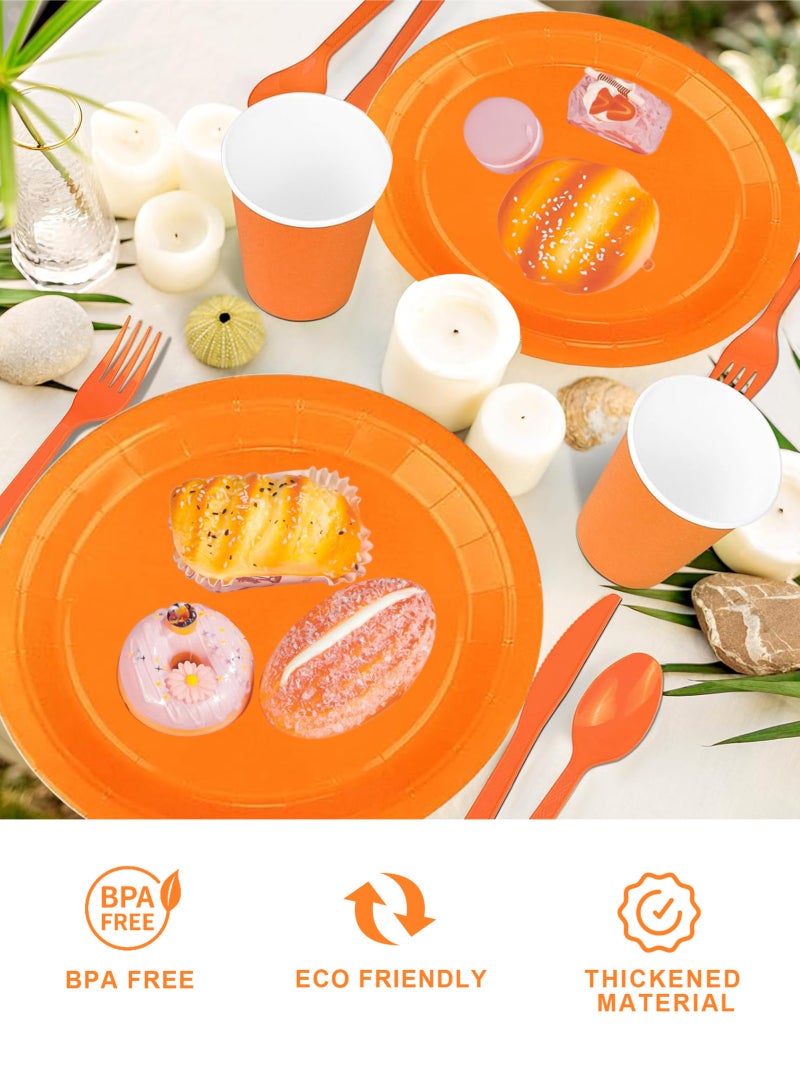 هومار كيت 200 قطعة من الأطباق والمناديل الورقية للاستخدام مرة واحدة، مجموعة أدوات العشاء المكونة من 25 قطعة من لوازم حفلات الضيوف تتضمن أطباق ورقية مزخرفة وكوب منديل وقشة وملعقة بلاستيكية وشوكة وسكين للحفلات وحفلات الزفاف وأعياد الميلاد (برتقالي) - Image 3