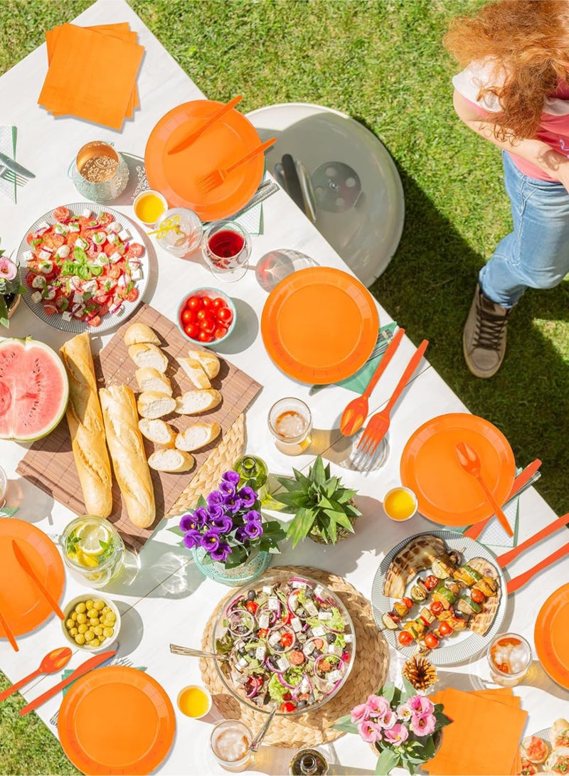 هومار كيت 200 قطعة من الأطباق والمناديل الورقية للاستخدام مرة واحدة، مجموعة أدوات العشاء المكونة من 25 قطعة من لوازم حفلات الضيوف تتضمن أطباق ورقية مزخرفة وكوب منديل وقشة وملعقة بلاستيكية وشوكة وسكين للحفلات وحفلات الزفاف وأعياد الميلاد (برتقالي) - Image 5