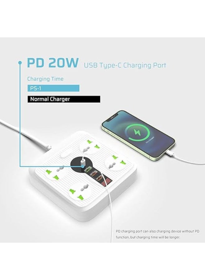 Extension Cord with USB C PD Charging,4 Universal Extension Plugs Power Extension,1 Typc C 20 W,1 QC 3.0,2pcs 5V/2.1A USB Extension Charging Ports,3 Meters Extension cable 3000W/13A Power Strip - Image 4
