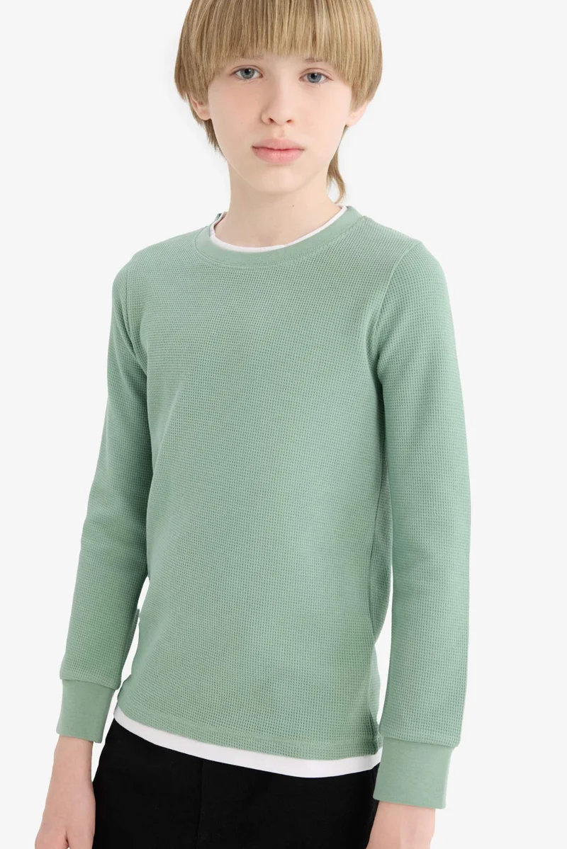 ديفاكتو Boy Regular Fit Crew Neck Waffle Long Sleeve T-Shirt